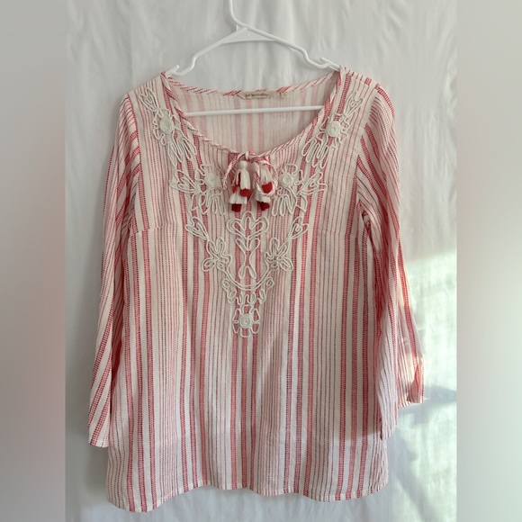 Soft Surroundings Red Orange White Stripe Boho Blouse Tunic Top Size S - Picture 3 of 15